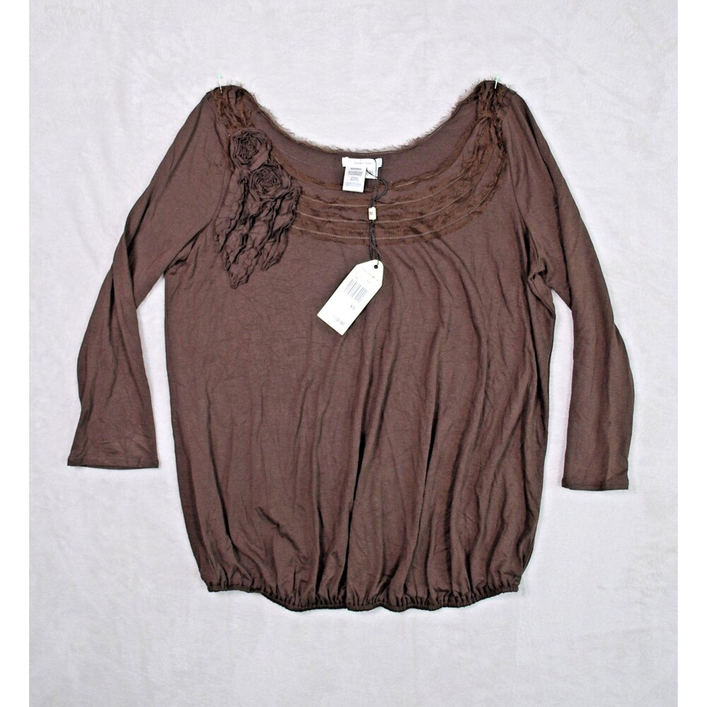 NWT Sophie Max Brown 3/4 Sleeve Ruffled Roses Elastic Waist Women's Top Size XS